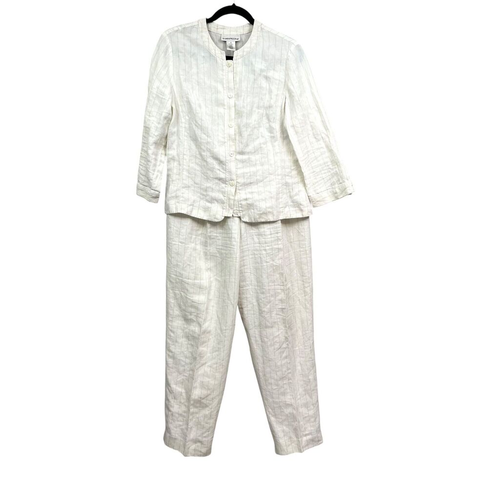Evan Picone Womens Linen 2 pcs Top and Pants Stripe Long Sleeve Cream Tan Sz 12*